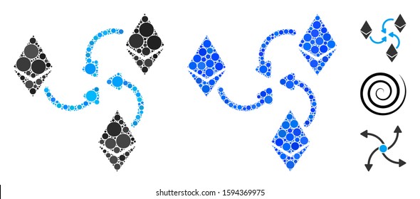 Ethereum mixer swirl composition of circle elements in different sizes and color tints, based on Ethereum mixer swirl icon. Vector circle elements are organized into blue mosaic.