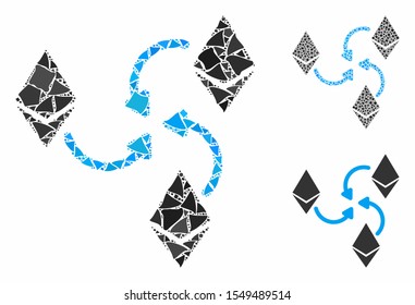 Ethereum mixer swirl mosaic of unequal pieces in various sizes and color tints, based on Ethereum mixer swirl icon. Vector raggy pieces are combined into mosaic.