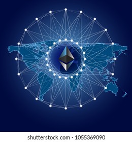 Ethereum with net and globe map internet money. Crypto currency symbols and coin. Blockchain secure cryptocurrency.
 Vector illustration.

