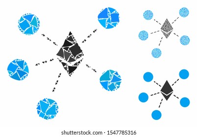 Ethereum net structure composition of irregular elements in different sizes and color hues, based on Ethereum net structure icon. Vector tremulant elements are composed into collage.