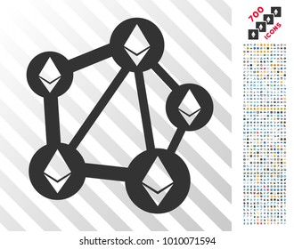 Ethereum Network icon with 7 hundred bonus bitcoin mining and blockchain graphic icons. Vector illustration style is flat iconic symbols designed for cryptocurrency apps.