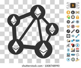 Ethereum Network icon with bonus bitcoin mining and blockchain pictographs. Vector illustration style is flat iconic symbols. Designed for bitcoin websites.