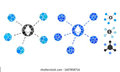 Ethereum network mosaic of round dots in different sizes and shades, based on Ethereum network icon. Vector dots are united into blue mosaic. Dotted Ethereum network icon in usual and blue versions.