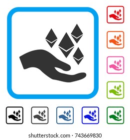 Ethereum Offer Hand icon. Flat gray pictogram symbol inside a blue rounded squared frame. Black, gray, green, blue, red, orange color additional versions of Ethereum Offer Hand vector.