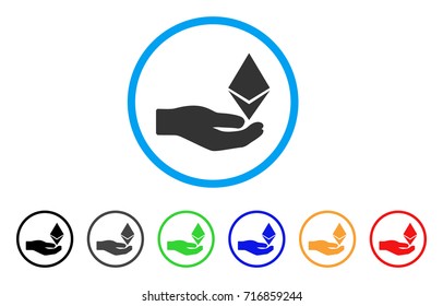 Ethereum Offer Hand icon. Vector illustration style is a flat iconic ethereum offer hand grey rounded symbol inside light blue circle with black, gray, green, blue, red,