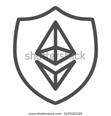 Ethereum on shield line icon, crypto money concept. Vector graphics. Crystal shape in defense emblem, safety sign on white background, outline style icon for mobile or web design