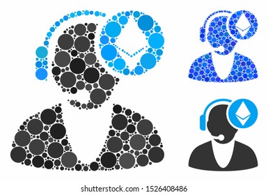 Ethereum operator composition for Ethereum operator icon of spheric dots in different sizes and color tinges. Vector dots are grouped into blue composition.