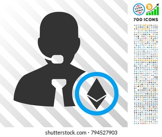 Ethereum Operator Manager icon with 7 hundred bonus bitcoin mining and blockchain graphic icons. Vector illustration style is flat iconic symbols design for cryptocurrency websites.