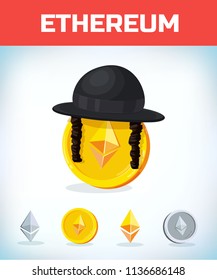 ethereum in Orthodox jewish hat. ethereum. Digital currency. Crypto currency. Money and finance symbol. Miner bit coin criptocurrency. Virtual money concept. Cartoon Vector illustration.