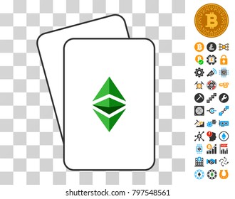 Ethereum playing cards pictograph with additional bitcoin mining and blockchain symbols. Flat vector elements for crypto currency apps.