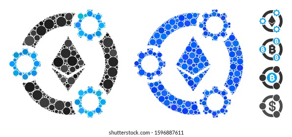 Ethereum pool collaboration composition of small circles in different sizes and color tints, based on Ethereum pool collaboration icon. Vector small circles are organized into blue mosaic.