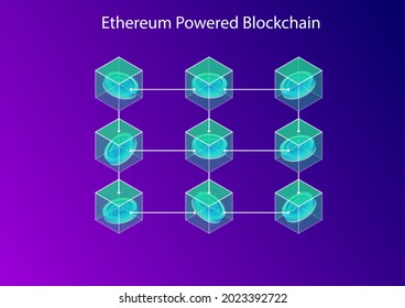 Ethereum powered blockchain concept. 3d isometric vector illustration of connected blocks and crypto currency.