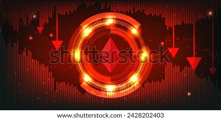 Ethereum Price Falling Down and downtrend  Concept, Digital Cryptocurrency on Red Bar chart and red down arrow with falling meteors. Vector illustration