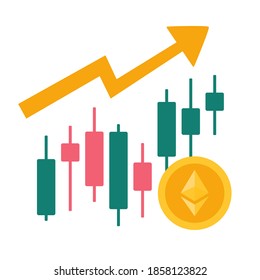 Ethereum price on a candlestick chart,
currency quotes. Blockchain technologies, bitcoins, finance, digital money market, cryptocurrency,
coins ether. Vector illustration