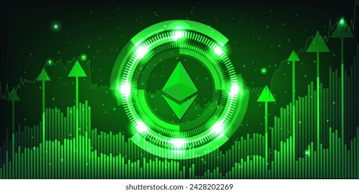 Ethereum Price Subiendo y subiendo Concepto, Criptomoneda Digital en Gráfico de barras verdes y flecha verde hacia abajo con meteoros en aumento. Ilustración de vector