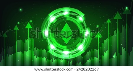 Ethereum Price Rising up and uptrend  Concept, Digital Cryptocurrency on Green Bar chart and Green down arrow with raising meteors. Vector illustration