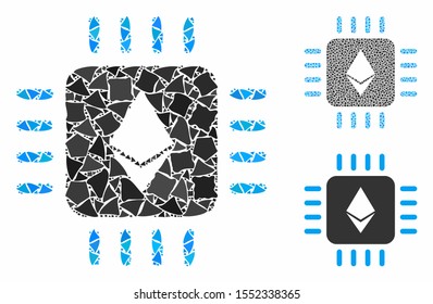 Ethereum processor chip mosaic of uneven pieces in different sizes and color tints, based on Ethereum processor chip icon. Vector joggly pieces are grouped into collage.
