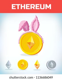 ethereum in rabbit ears. ethereum. Digital currency. Crypto currency. Money and finance symbol. Miner bit coin criptocurrency. Virtual money concept. Cartoon Vector illustration.