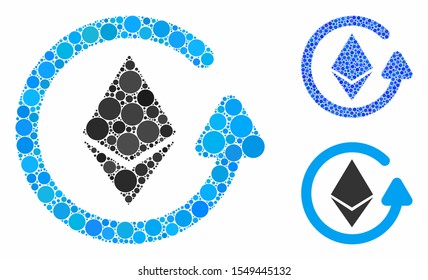 Ethereum refund mosaic of small circles in various sizes and color tinges, based on Ethereum refund icon. Vector small circles are organized into blue illustration.