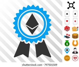 Ethereum Reward Medal icon with bonus gambling pictures. Vector illustration style is flat iconic symbols. Designed for casino software.