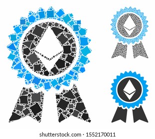 Ethereum reward seal composition of humpy elements in various sizes and color tints, based on Ethereum reward seal icon. Vector tremulant elements are united into collage.