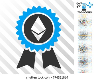 Ethereum Reward Seal icon with 7 hundred bonus bitcoin mining and blockchain images. Vector illustration style is flat iconic symbols design for crypto currency software.