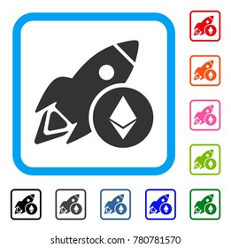 Ethereum Rocket icon. Flat gray pictogram symbol inside a blue rounded rectangular frame. Black, gray, green, blue, red, orange color versions of Ethereum Rocket vector.