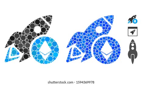 Ethereum rocket mosaic of filled circles in different sizes and color hues, based on Ethereum rocket icon. Vector filled circles are composed into blue illustration.
