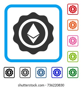 Ethereum Seal icon. Flat grey pictogram symbol in a light blue rounded rectangle. Black, gray, green, blue, red, orange color variants of Ethereum Seal vector. Designed for web and software UI.