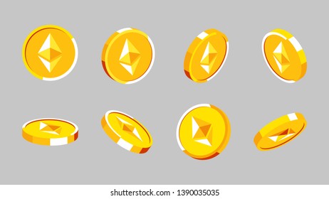 Ethereum. Set of gold coins. Coins at different angles on a gray background. Digital currency money. Investment concept.