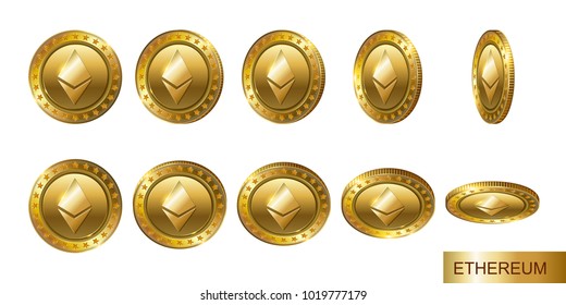 Ethereum. Set of realistic 3d gold crypto coins. Flip Different Angles.
Cash money symbol. Finance Investment Concept of Money.  
Logo, icon, isolated on white background. 
Modern flat style. Vector