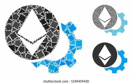 Ethereum settings gear composition of joggly parts in different sizes and color hues, based on Ethereum settings gear icon. Vector ragged parts are grouped into mosaic.