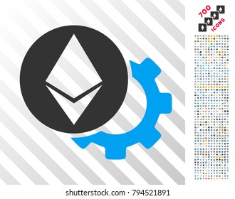 Ethereum Settings Gear icon with 7 hundred bonus bitcoin mining and blockchain graphic icons. Vector illustration style is flat iconic symbols design for cryptocurrency websites.