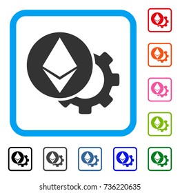 Ethereum Settings Gear icon. Flat grey pictogram symbol in a light blue rounded frame. Black, gray, green, blue, red, orange color versions of Ethereum Settings Gear vector.