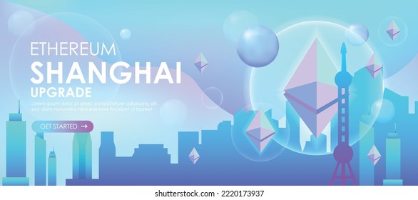 ethereum shanghai city pastel banner vector,shanghai upgrade technology ethereum signator.