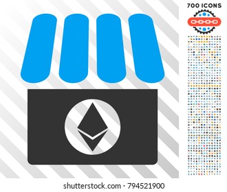 Ethereum Shop icon with 700 bonus bitcoin mining and blockchain pictograms. Vector illustration style is flat iconic symbols design for blockchain apps.