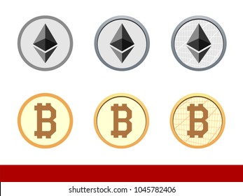 Ethereum sign and bitcoin on white. vector set. Financial and banking icon. Electronic money