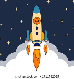 Ethereum skyrocketing to the moon. in space cryptocurrency rising price concept. ETH wealth.