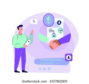 Ethereum Smart Contract Bargain.Businessman make a Deal in Mobile Smartphone.Innovation Technology Agreement Business Concept. Cryptocurrency,Crypto Start Up.High Technologies.Flat Vector Illustration