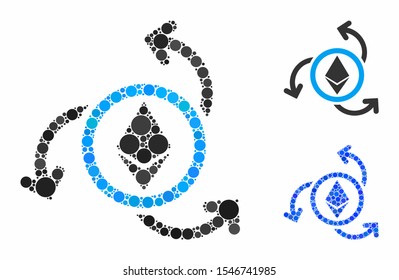 Ethereum source swirl mosaic of small circles in different sizes and color tinges, based on Ethereum source swirl icon. Vector random circles are united into blue mosaic.