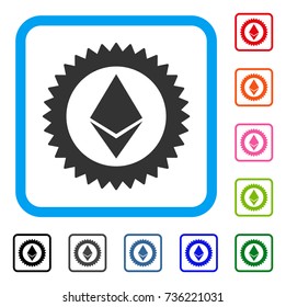 Ethereum Stamp Seal icon. Flat gray pictogram symbol in a light blue rounded squared frame. Black, gray, green, blue, red, orange color variants of Ethereum Stamp Seal vector.