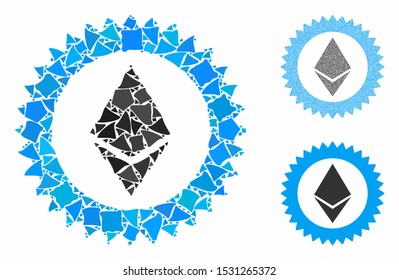 Ethereum stamp seal mosaic of raggy elements in different sizes and color tones, based on Ethereum stamp seal icon. Vector trembly elements are united into mosaic.