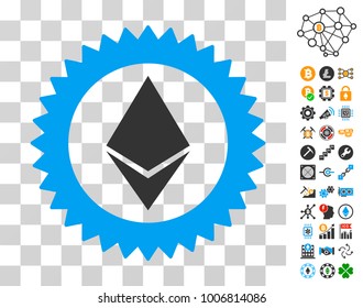 Ethereum Stamp Seal pictograph with bonus bitcoin mining and blockchain graphic icons. Vector illustration style is flat iconic symbols. Designed for blockchain software.