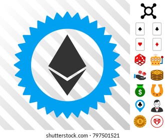 Ethereum Stamp Seal pictograph with bonus gamble images. Vector illustration style is flat iconic symbols. Designed for casino gui.