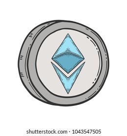 Ethereum stock vector image, digital currency, cryptocurrency money, bitcoin symbol. Doodle and engraved style illustration, hand drawn. Isolated on white background.