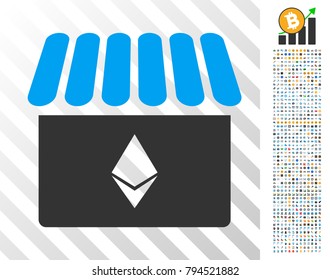 Ethereum Store icon with 7 hundred bonus bitcoin mining and blockchain images. Vector illustration style is flat iconic symbols design for crypto-currency apps.