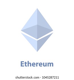 Ethereum symbol blue chrystal illustration isolated on a white background with text.Virtual money icon.Cryptocurrency in flat style.Symbol of smart technologies. Decentralized computer networks.