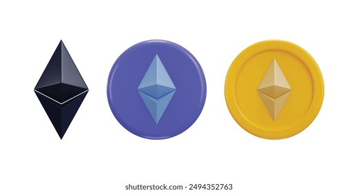 Ethereum symbol and coin icon set 3d rendering vector illustration