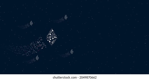 A ethereum symbol filled with dots flies through the stars leaving a trail behind. Four small symbols around. Empty space for text on the right. Vector illustration on dark blue background with stars