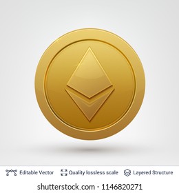 Ethereum symbol. Golden coin with currency sign. Editable vector icon.